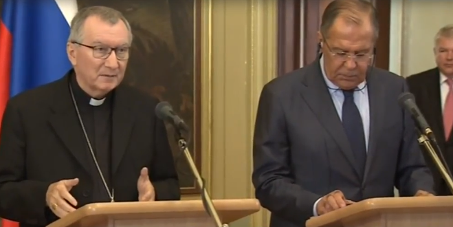Vatican Secretary of State Cardinal Pietro Parolin and Russian Foreign Minister Sergei Lavrov speaking to reporters in Moscow, Aug. 22, 2017. Vatican Secretary of State Cardinal Pietro Parolin and Russian Foreign Minister Sergei Lavrov speaking to reporters in Moscow, Aug. 22, 2017.