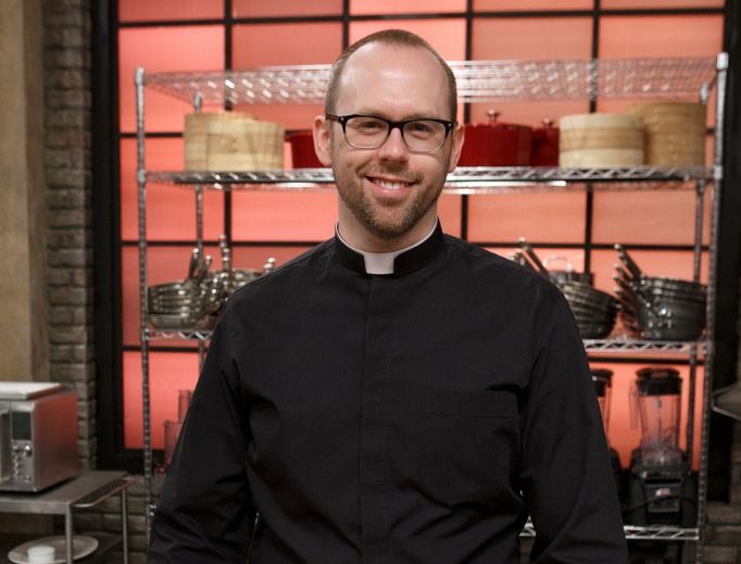 Father Adam Young is learning how to cook on Worst Cooks in America. Father Adam Young is learning how to cook on Worst Cooks in America.