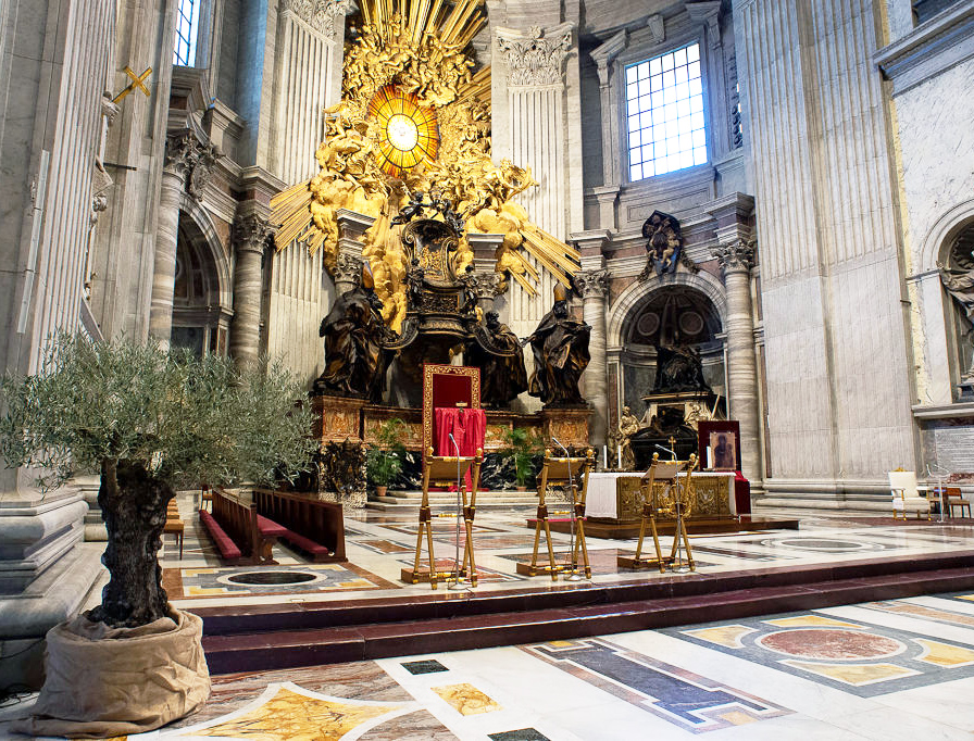 A view of the main altar of St. Peter's Basilica prepared for the Palm Sunday vigil on April 4, 2020, in Vatican City. Pope Francis will celebrate the Palm Sunday Mass in an empty basilica. Yesterday the Pontiff sent a video message as Christians around the world prepare to celebrate Holy Week in an unusual manner due to the COVID-19 coronavirus pandemic. A view of the main altar of St. Peter's Basilica prepared for the Palm Sunday vigil on April 4, 2020, in Vatican City. Pope Francis will celebrate the Palm Sunday Mass in an empty basilica. Yesterday the Pontiff sent a video message as Christians around the world prepare to celebrate Holy Week in an unusual manner due to the COVID-19 coronavirus pandemic.