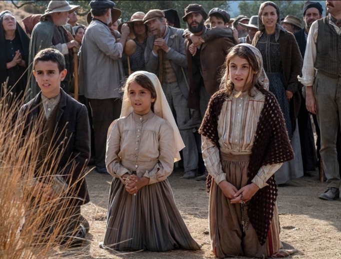 A scene from Fátima shows the three shepherd children. A scene from Fátima shows the three shepherd children.