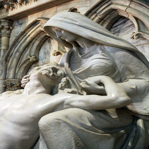 The Pieta, the crucified Christ received by his mother Mary, as featured in St. Patrick's Cathedral in New York City. The Pieta, the crucified Christ received by his mother Mary, as featured in St. Patrick's Cathedral in New York City.
