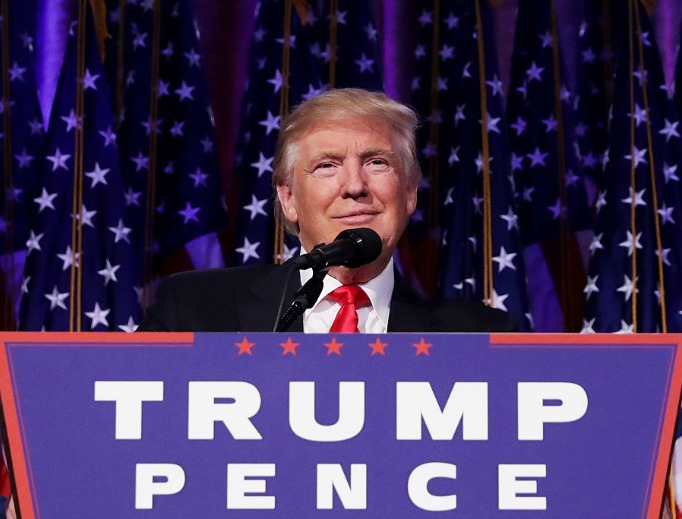 Republican president-elect Donald Trump gives a thumbs up to the crowd during his acceptance speech at his election night event at the New York Hilton Midtown in the early morning hours of Nov. 9 in New York City. Republican president-elect Donald Trump gives a thumbs up to the crowd during his acceptance speech at his election night event at the New York Hilton Midtown in the early morning hours of Nov. 9 in New York City.