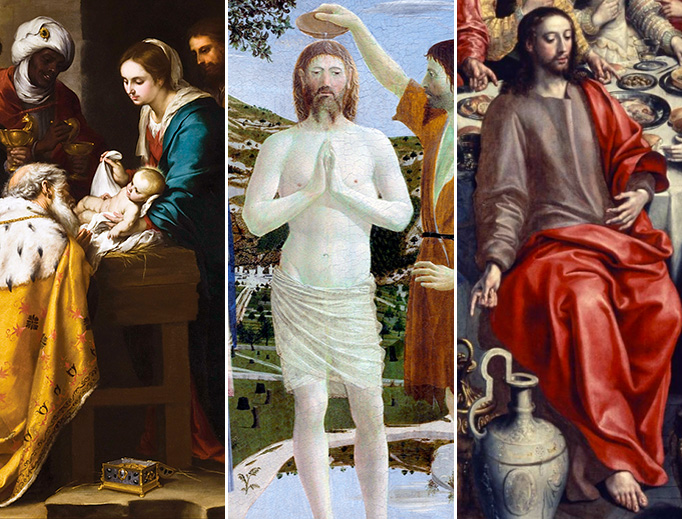 L to R: Bartolomé Esteban Murillo (1617-1682), “Adoration of the Magi.” Piero della Francesca (d. 1492), “The Baptism of Christ.” Maerten de Vos (1532–1603), “The Marriage at Cana.” L to R: Bartolomé Esteban Murillo (1617-1682), “Adoration of the Magi.” Piero della Francesca (d. 1492), “The Baptism of Christ.” Maerten de Vos (1532–1603), “The Marriage at Cana.”