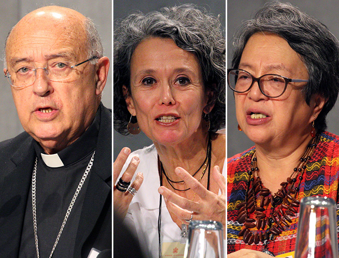 Cardinal Pedro Barreto Jimeno (L), Moema Maria Marques de Miranda and Victoria Lucia Tauli-Corpuz (R) speak at the media conference following the Oct. 8, 2019, session. Cardinal Pedro Barreto Jimeno (L), Moema Maria Marques de Miranda and Victoria Lucia Tauli-Corpuz (R) speak at the media conference following the Oct. 8, 2019, session.
