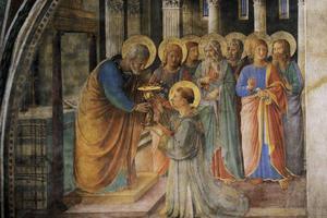 Fra Angelico, detail of Niccoline Chapel fresco depicting St. Peter consecrating St. Stephen (kneeling) and the other six first deacons. Fra Angelico, detail of Niccoline Chapel fresco depicting St. Peter consecrating St. Stephen (kneeling) and the other six first deacons.