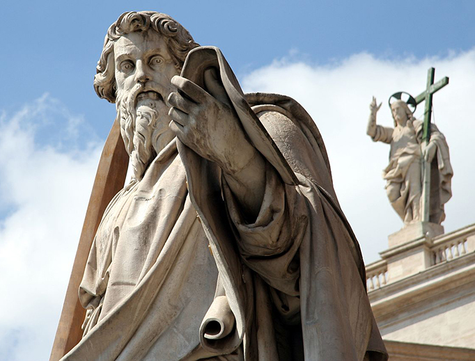 Adamo Tadolini's statue of St. Paul stands in front of St. Peter's Basilica at the Vatican. Adamo Tadolini's statue of St. Paul stands in front of St. Peter's Basilica at the Vatican.
