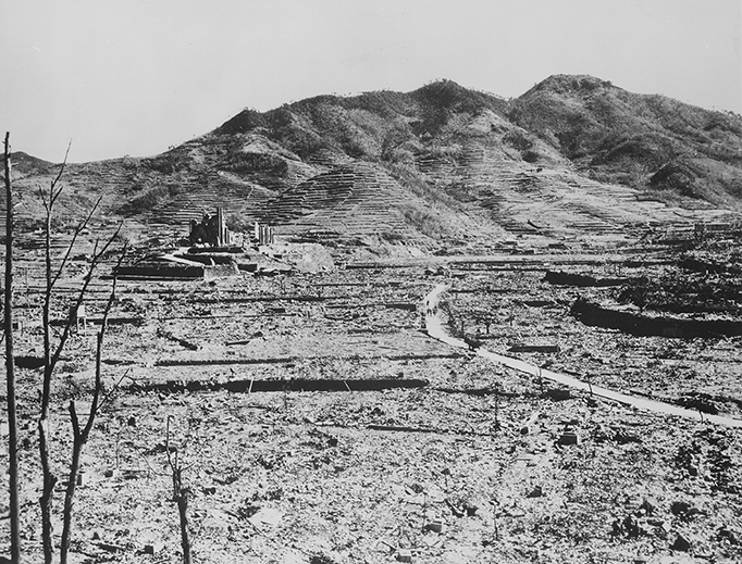 Nagasaki, the heart of Catholicism in Japan, lies in ruins following the bombing of the city on Aug. 9, 1945. The remnants of the Catholic cathedral can be seen near the hills on the left side of the picture. Nagasaki, the heart of Catholicism in Japan, lies in ruins following the bombing of the city on Aug. 9, 1945. The remnants of the Catholic cathedral can be seen near the hills on the left side of the picture.