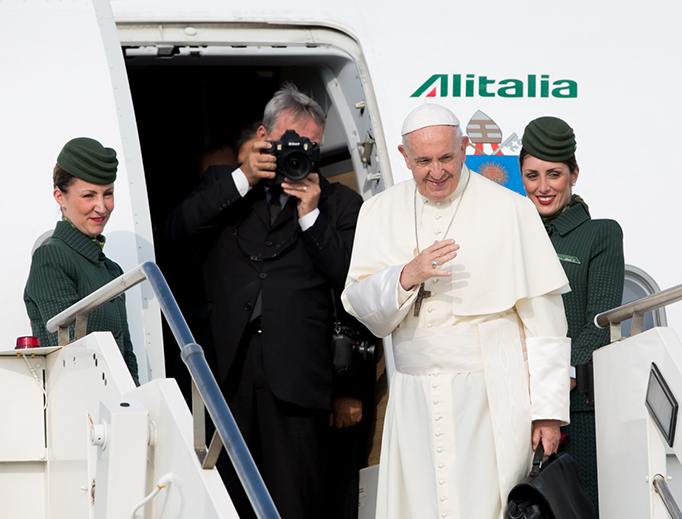 Pope Francis boards his flight to Geneva, Switzerland on June 21, 2018.
Pope Francis boards his flight to Geneva, Switzerland on June 21, 2018.