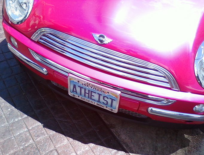 An “Atheist” vanity license plate is seen on Penn Jillette's Mini Cooper in Las Vegas. An “Atheist” vanity license plate is seen on Penn Jillette's Mini Cooper in Las Vegas.