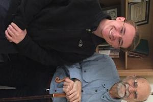 Seminarian Michael Sullivan with Father Raymond Gawronski at Sacred Heart Jesuit Center, in Los Gatos, on April 2. Sullivan said that, even though in great pain and not having eaten much for weeks, the Jesuit still shared his beautiful Polish smile, his great joy and his John Paul II walking stick, which he used to take on walks. Seminarian Michael Sullivan with Father Raymond Gawronski at Sacred Heart Jesuit Center, in Los Gatos, on April 2. Sullivan said that, even though in great pain and not having eaten much for weeks, the Jesuit still shared his beautiful Polish smile, his great joy and his John Paul II walking stick, which he used to take on walks.