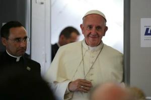 Pope Francis speaks to reporters aboard the papal flight from Krakow to Rome, July 31, 2016. Pope Francis speaks to reporters aboard the papal flight from Krakow to Rome, July 31, 2016.