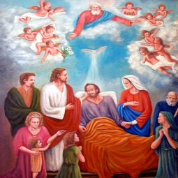 A beautiful painting of St. Joseph dying, with Jesus and Mary at his bedside. A beautiful painting of St. Joseph dying, with Jesus and Mary at his bedside.