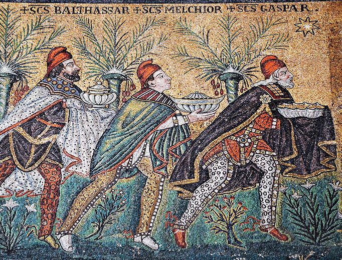 Detail of the 6th-century nave mosaic — which depicts the Three Magi wearing trousers and Phrygian caps as a sign of their Asian origin — in the Basilica of Sant' Apollinare Nuovo, Ravenna, Italy. Detail of the 6th-century nave mosaic — which depicts the Three Magi wearing trousers and Phrygian caps as a sign of their Asian origin — in the Basilica of Sant' Apollinare Nuovo, Ravenna, Italy.