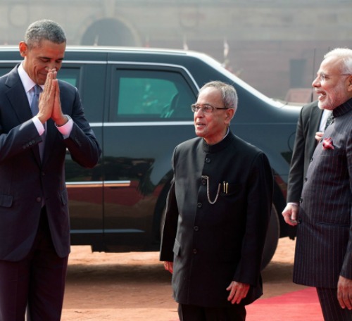 President Barack Obama participates in a traditional greeting with Indian President Pranab Mukherjee and Prime Minister Narendra Modi in New Delhi on Jan. 25. President Barack Obama participates in a traditional greeting with Indian President Pranab Mukherjee and Prime Minister Narendra Modi in New Delhi on Jan. 25.