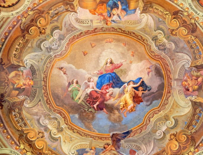 The ceiling fresco of Assumption of Virgin Mary in the Church of Santuario del Santissimo Crocifisso by Gersam Turri (1927-1929).
The ceiling fresco of Assumption of Virgin Mary in the Church of Santuario del Santissimo Crocifisso by Gersam Turri (1927-1929).
