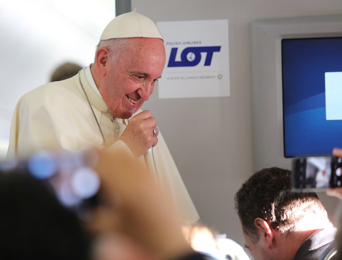 Pope Francis speaks to journalists during a press conference on the papal flight to Rome from Krakow on July 31.
Pope Francis speaks to journalists during a press conference on the papal flight to Rome from Krakow on July 31.