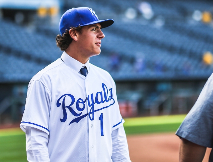Above, Nick Pratto dons a Royals uniform. Below, Mike Sweeney (left) and Nick Pratto (right). Above, Nick Pratto dons a Royals uniform. Below, Mike Sweeney (left) and Nick Pratto (right).
