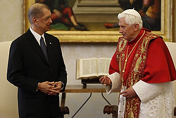 Pope Benedict XVI talks with Seychelles' President James Michel during a meeting at the Vatican Oct. 25. Pope Benedict XVI talks with Seychelles' President James Michel during a meeting at the Vatican Oct. 25.