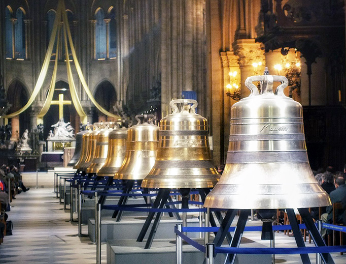 Nine new bells are displayed in the nave of Notre Dame Cathedral in Paris before being installed in 2013. Nine new bells are displayed in the nave of Notre Dame Cathedral in Paris before being installed in 2013.