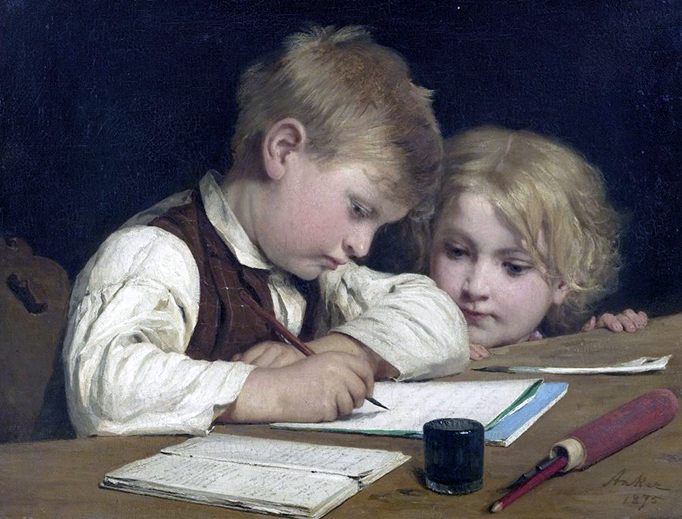 Albert Anker, “Schreibender Knabe mit Schwesterchen” (1875) Albert Anker, “Schreibender Knabe mit Schwesterchen” (1875)