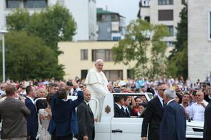 Pope Francis greets crowds in Tirana, Albania, on Sept. 21. Pope Francis greets crowds in Tirana, Albania, on Sept. 21.