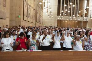 Faithful pray at the Sept. 7 Mass in recognition of all immigrants at the Cathedral of Our Lady of the Angels in Los Angeles. Faithful pray at the Sept. 7 Mass in recognition of all immigrants at the Cathedral of Our Lady of the Angels in Los Angeles.