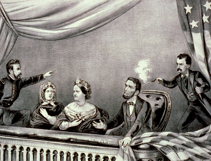 An 1865 Currier & Ives lithograph of the assassination of Abraham Lincoln. From left to right: Henry Rathbone, Clara Harris, Mary Todd Lincoln, Abraham Lincoln, and John Wilkes Booth. An 1865 Currier & Ives lithograph of the assassination of Abraham Lincoln. From left to right: Henry Rathbone, Clara Harris, Mary Todd Lincoln, Abraham Lincoln, and John Wilkes Booth.