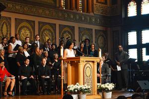 Sandra Green Thomas, president of the GU272 Descendants’ Association, speaks at the ‘Liturgy of Remembrance, Contrition and Hope’ at Georgetown University April 18. Sandra Green Thomas, president of the GU272 Descendants’ Association, speaks at the ‘Liturgy of Remembrance, Contrition and Hope’ at Georgetown University April 18.