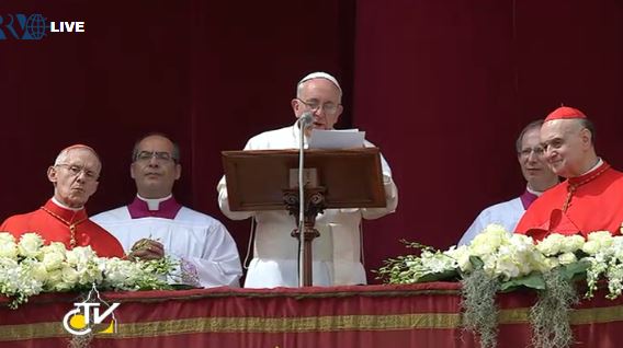 Pope Francis delivering his Easter Urbi et Orbi (to the city and to the world) message. March 31, 2013. Pope Francis delivering his Easter Urbi et Orbi (to the city and to the world) message. March 31, 2013.
