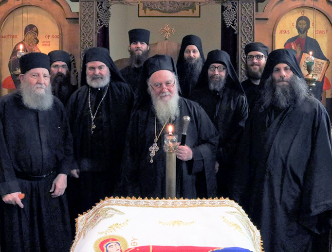 ABOVE: The abbot and monks of Holy Resurrection Monastery. BELOW: (1) Bishop David Ricken and Abbot Nicholas. (2) Abbot Nicholas. (3) Abouna Moses. (4) Monastic profession at the monastery, with Bishop John Michael Botean of the Eparchy of St. George in Canton (Romanian Catholic), and Benedictine Abbot Vincent Bataille. (5) The monastery grounds in St. Nazianz, Wisconsin. ABOVE: The abbot and monks of Holy Resurrection Monastery. BELOW: (1) Bishop David Ricken and Abbot Nicholas. (2) Abbot Nicholas. (3) Abouna Moses. (4) Monastic profession at the monastery, with Bishop John Michael Botean of the Eparchy of St. George in Canton (Romanian Catholic), and Benedictine Abbot Vincent Bataille. (5) The monastery grounds in St. Nazianz, Wisconsin.