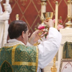 Father Kevin Robinson elevates the chalice during a Tridentine Mass at St. Michael the Archangel Chapel in Farmingville, N.Y. Father Kevin Robinson elevates the chalice during a Tridentine Mass at St. Michael the Archangel Chapel in Farmingville, N.Y.