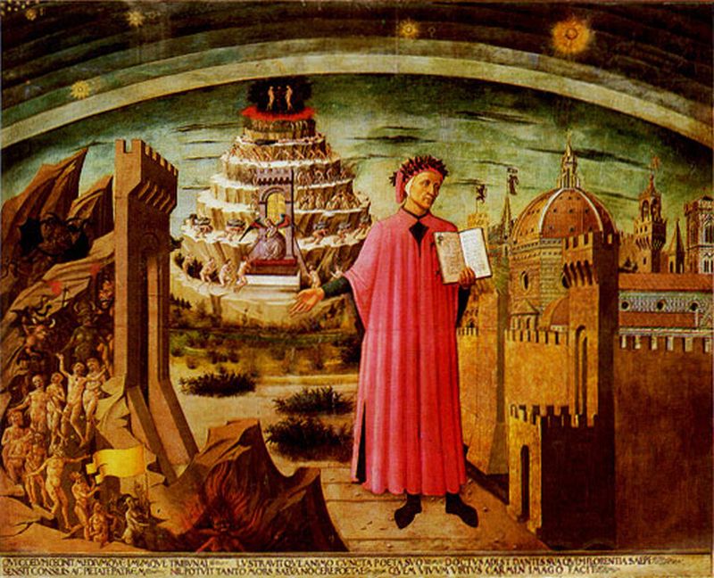 Dante Before the City of Florence (fresco by Domenico di Michelino, 1465 in Florence Cathedral Santa Maria del Fiore). The fresco depicts Mount Purgatory directly behind Dante. Dante Before the City of Florence (fresco by Domenico di Michelino, 1465 in Florence Cathedral Santa Maria del Fiore). The fresco depicts Mount Purgatory directly behind Dante.