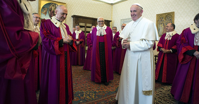 Pope Francis meets with the Tribunal of the Roman Rota in Vatican City on January 22, 2016. (Credit: © L'Osservatore Romano) Pope Francis meets with the Tribunal of the Roman Rota in Vatican City on January 22, 2016. (Credit: © L'Osservatore Romano)
