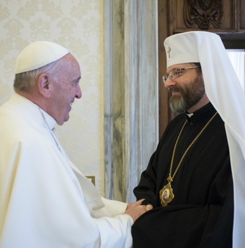 Pope Francis greets Major Archbishop Sviatoslav Shevchuk of the Ukrainian Greek-Catholic Church at the Vatican on March 5. Pope Francis greets Major Archbishop Sviatoslav Shevchuk of the Ukrainian Greek-Catholic Church at the Vatican on March 5.