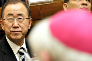 U.N. Secretary-General Ban Ki-moon (l), flanked by Ecuador's President Rafal Correa, attends a Vatican conference on the environment, at the Vatican on April 28. U.N. Secretary-General Ban Ki-moon (l), flanked by Ecuador's President Rafal Correa, attends a Vatican conference on the environment, at the Vatican on April 28.