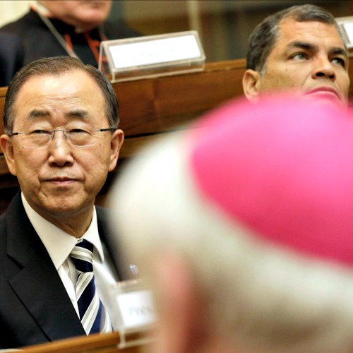 U.N. Secretary-General Ban Ki-moon (l), flanked by Ecuador's President Rafal Correa, attends a Vatican conference on the environment, at the Vatican on April 28. U.N. Secretary-General Ban Ki-moon (l), flanked by Ecuador's President Rafal Correa, attends a Vatican conference on the environment, at the Vatican on April 28.
