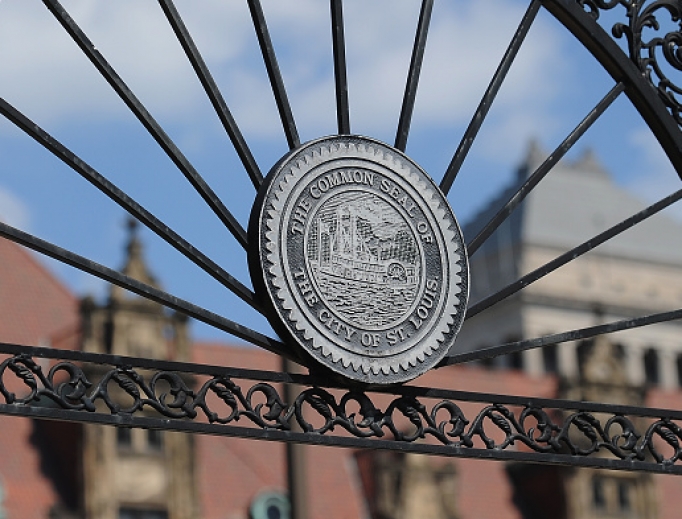 The seal of St. Louis is seen as protesters demonstrate through the city streets following a not-guilty verdict Sept. 15. Protests erupted following the acquittal of former St. Louis police officer Jason Stockley, who was charged with first-degree murder last year in the shooting death of motorist Anthony Lamar Smith in 2011. The seal of St. Louis is seen as protesters demonstrate through the city streets following a not-guilty verdict Sept. 15. Protests erupted following the acquittal of former St. Louis police officer Jason Stockley, who was charged with first-degree murder last year in the shooting death of motorist Anthony Lamar Smith in 2011.