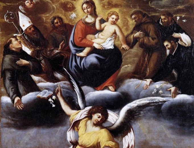Carracci image shows Mary, Jesus and the saints in heaven and an angel ministering to the souls in purgatory. Carracci image shows Mary, Jesus and the saints in heaven and an angel ministering to the souls in purgatory.