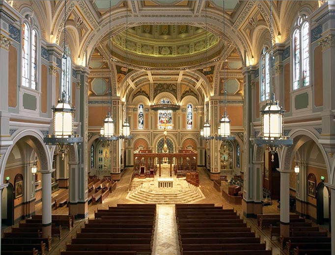 Above: The Cathedral of the Blessed Sacrament in Sacramento, California. Below: The Cathedral of St. Helena in Helena, Montana. Above: The Cathedral of the Blessed Sacrament in Sacramento, California. Below: The Cathedral of St. Helena in Helena, Montana.