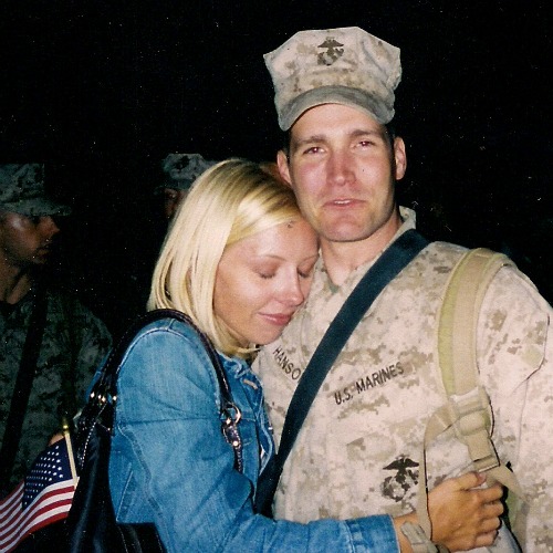 J.J. Hanson gets a hug from his wife, Kristen, after returning from a combat tour in Iraq. The former U.S. Marine is a brain-cancer survivor who is now battling the legalization of assisted suicide. J.J. Hanson gets a hug from his wife, Kristen, after returning from a combat tour in Iraq. The former U.S. Marine is a brain-cancer survivor who is now battling the legalization of assisted suicide.
