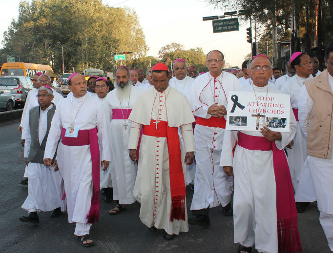 Following a series of attacks in 2015 on Church-affiliated sites, India's bishops, who attended a national assembly in Bangalore, led by Oswald Gracias (middle), marched in protest. Following a series of attacks in 2015 on Church-affiliated sites, India's bishops, who attended a national assembly in Bangalore, led by Oswald Gracias (middle), marched in protest.