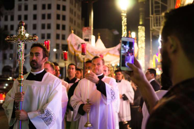 Hollywood Eucharistic procession proceeded through the streets of Los Angeles. Hollywood Eucharistic procession proceeded through the streets of Los Angeles.
