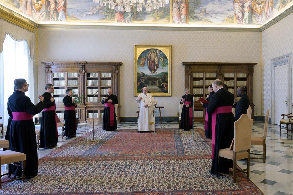 Pope Francis at his televised weekly general audience from the apostolic palace, March 25, 2020. Pope Francis at his televised weekly general audience from the apostolic palace, March 25, 2020.