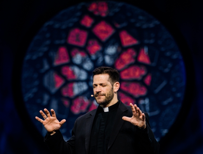 Father Mike Schmitz delivers his keynote address during SLS20. Father Mike Schmitz delivers his keynote address during SLS20.