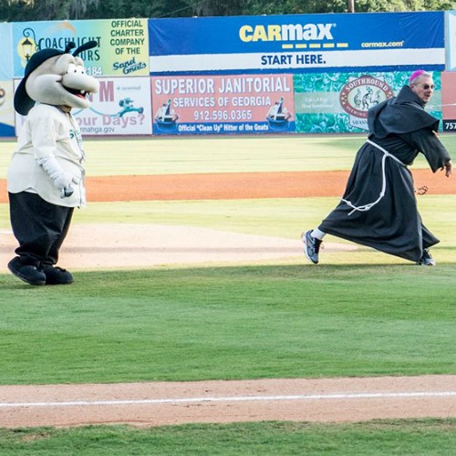 Bishop Gregory Hartmayer of Savannah, Ga., throws out the first pitch at Grayson Stadium on June 4. Bishop Gregory Hartmayer of Savannah, Ga., throws out the first pitch at Grayson Stadium on June 4.