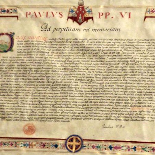 ‘Pacis Nuntius,’ the 1964 apostolic letter by which Blessed Paul VI declared St. Benedict a patron of Europe, displayed at Montecassino abbey.
‘Pacis Nuntius,’ the 1964 apostolic letter by which Blessed Paul VI declared St. Benedict a patron of Europe, displayed at Montecassino abbey.