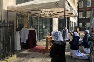 Adoration takes place in London's West End amid coronavirus pandemic. Adoration takes place in London's West End amid coronavirus pandemic.
