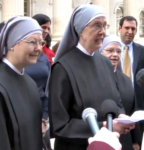 Mother Loraine Marie Maguire, mother provincial of the Little Sisters of the Poor, addresses the press after her appearance in appeals court on Dec. 8. Mother Loraine Marie Maguire, mother provincial of the Little Sisters of the Poor, addresses the press after her appearance in appeals court on Dec. 8.