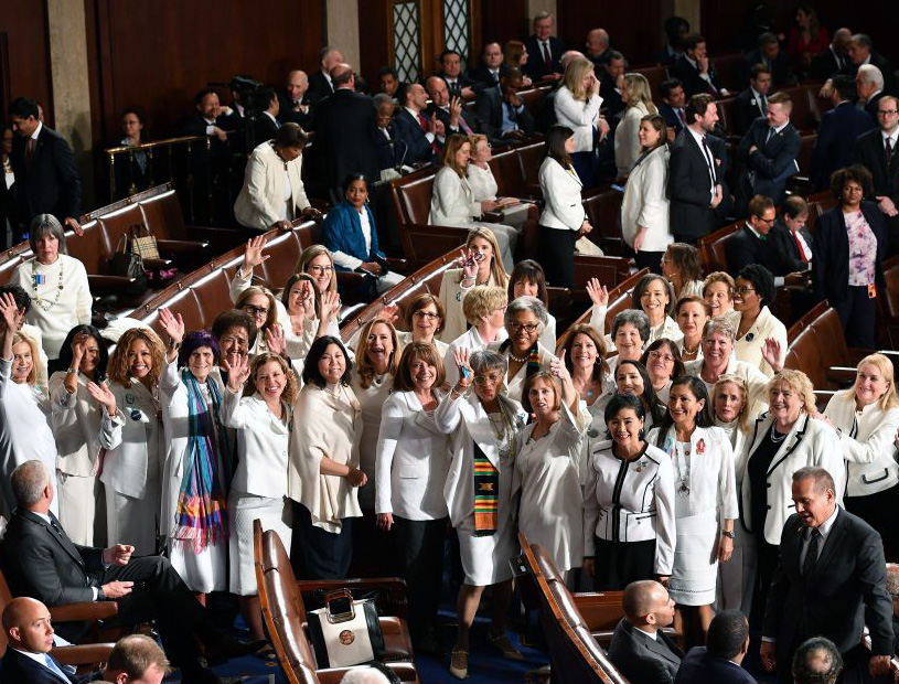 In a protest organized by the Democratic Women’s Caucus, female members of Congress dress in white to show support for ‘reproductive rights’ and other causes before President Donald Trump’s State of the Union address Feb. 4. In a protest organized by the Democratic Women’s Caucus, female members of Congress dress in white to show support for ‘reproductive rights’ and other causes before President Donald Trump’s State of the Union address Feb. 4.