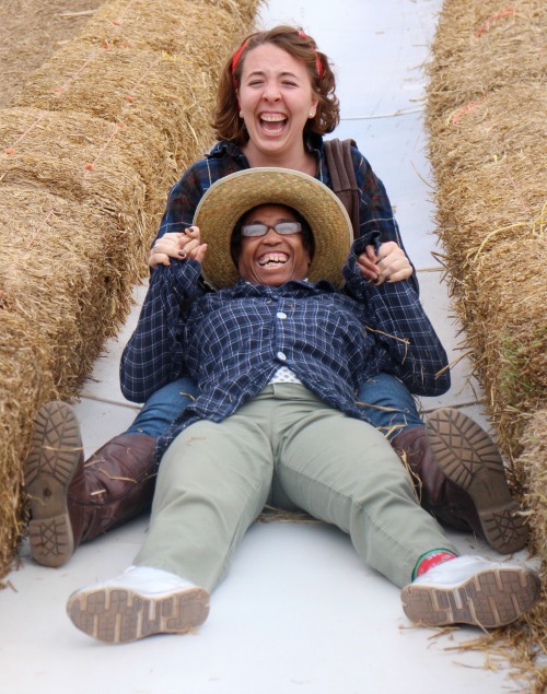 Sarah Ruszkowski and Eileen Schofield delight in going down a slide together at Cox Farm. Sarah Ruszkowski and Eileen Schofield delight in going down a slide together at Cox Farm.